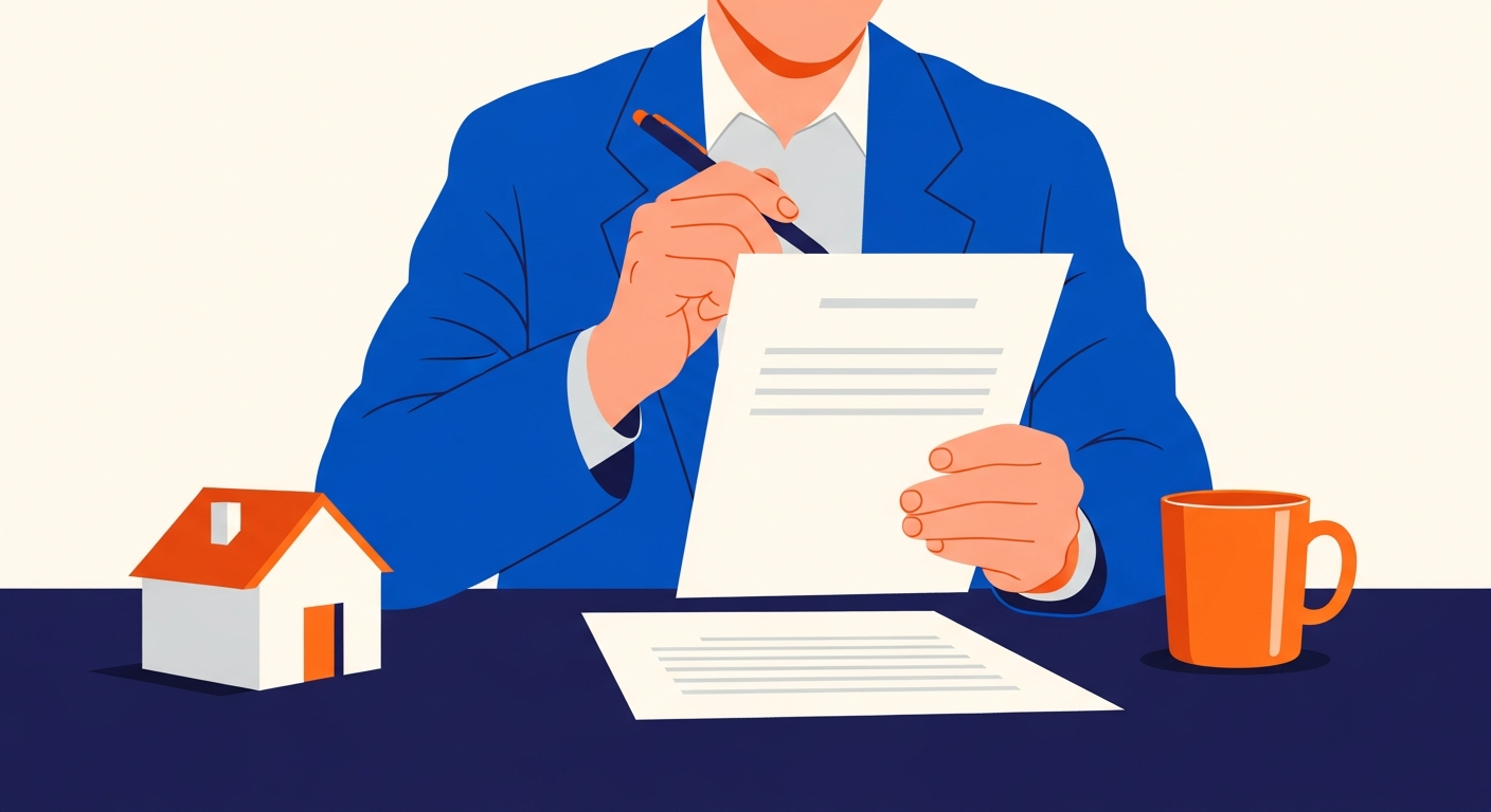 Illustration of a landlord reviewing letting agent fee paperwork at a desk