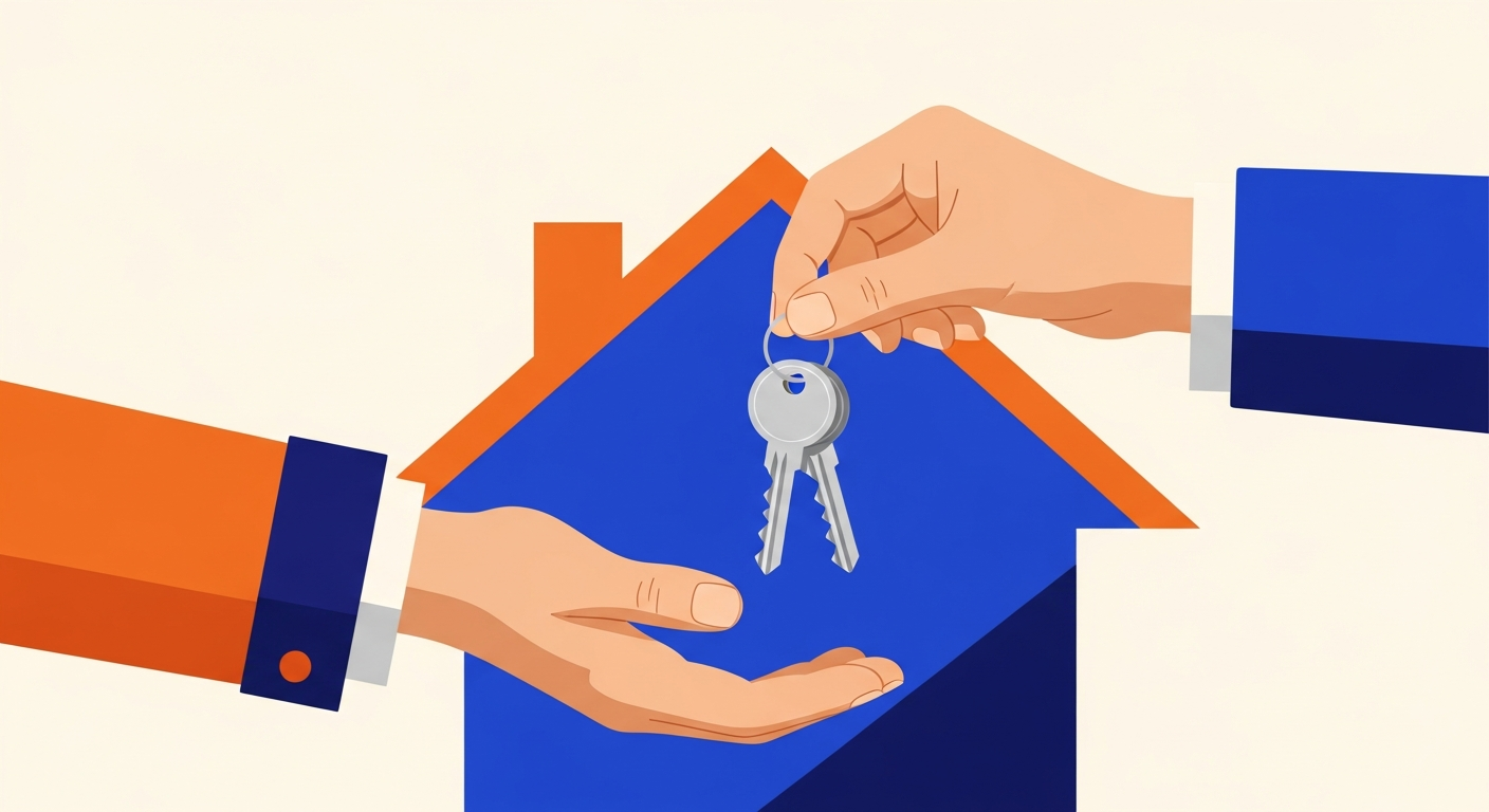 Illustration of a landlord handing house keys to a happy tenant