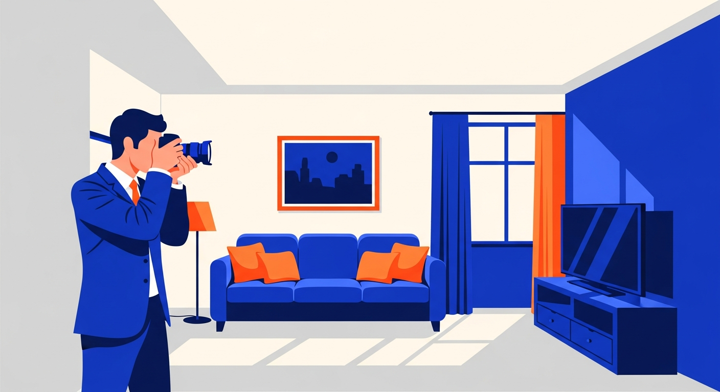 Illustration of an estate agent photographing a modern home for a listing