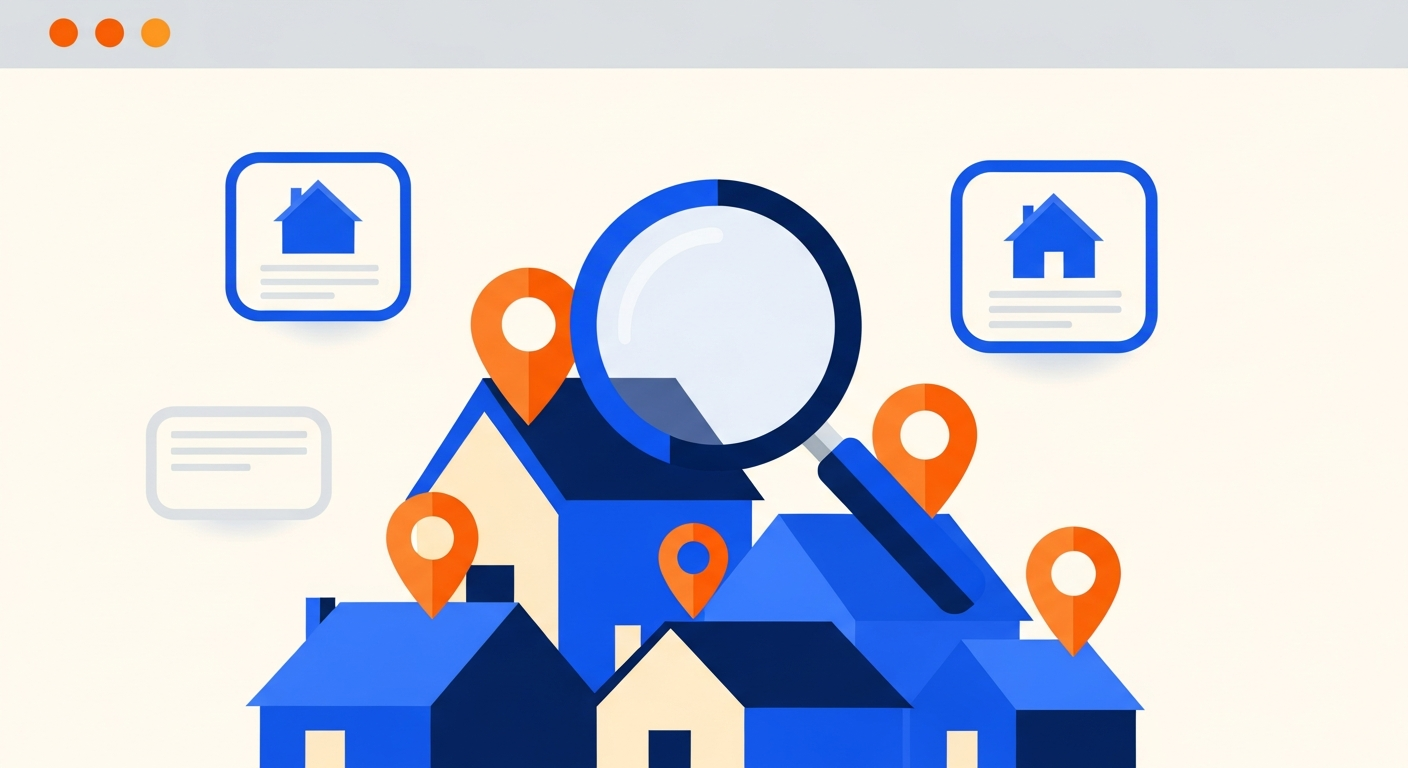 Illustration of a laptop showing a property listing portal with house thumbnails