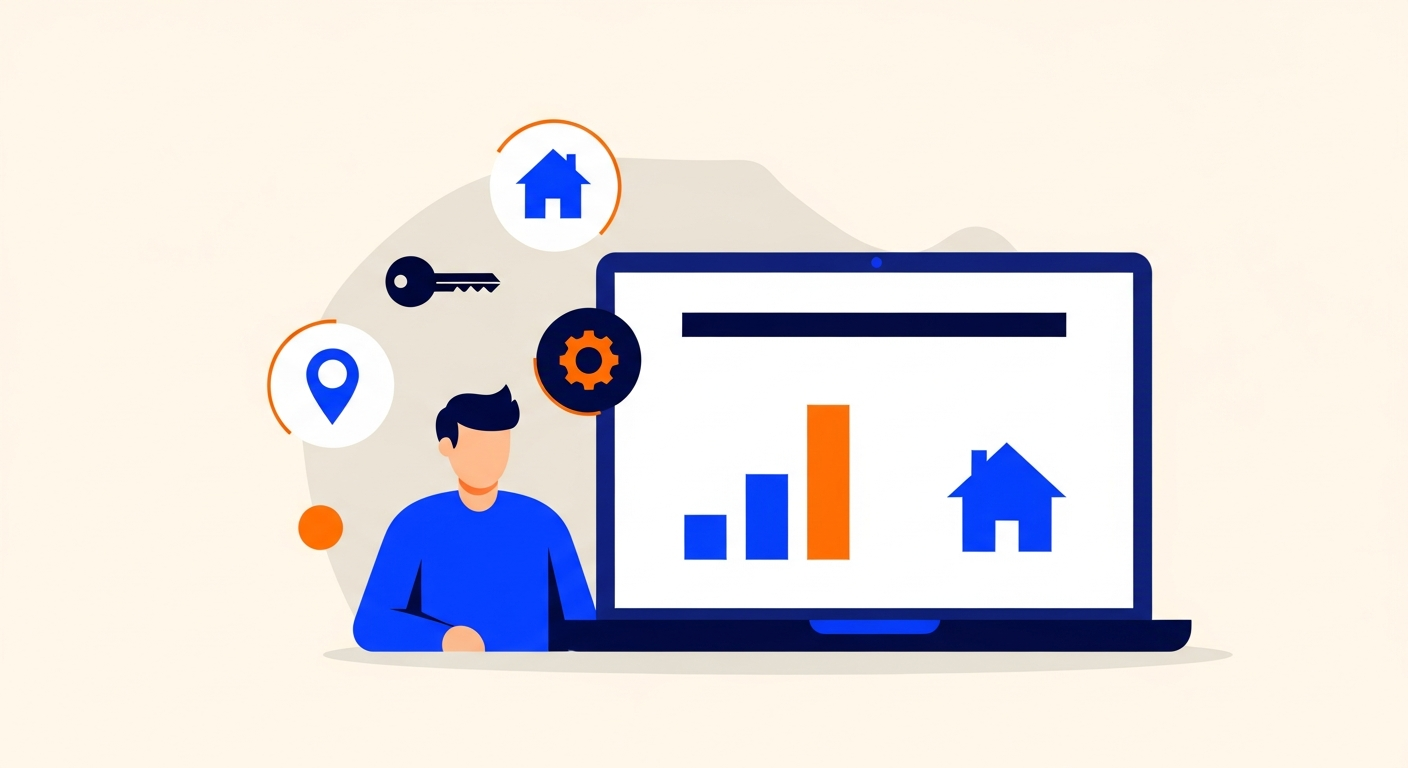 Illustration of a landlord managing rental properties on a laptop dashboard