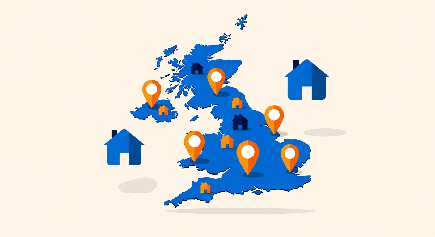 Illustration of UK rental flats and houses with to-let boards