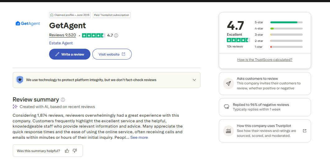 GetAgent Trustpilot rating